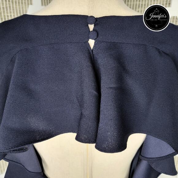 Vince Camuto Navy Blue Embellished Open Ruffle Back Crepe Gown Size 12 - Picture 9 of 16